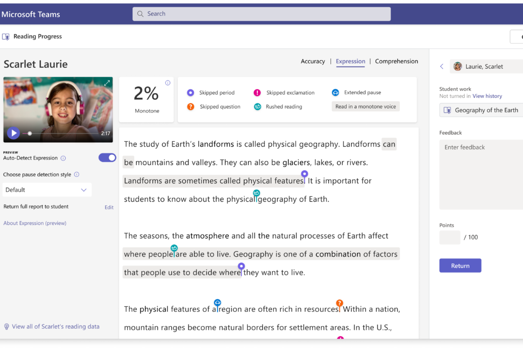 Vista de un maestro del informe de lectura de un estudiante en Reading Progress. Informa precisión de lectura, expresión y comprensión.