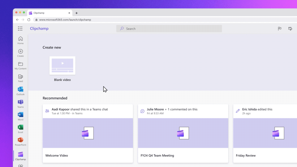 Una imagen animada que muestra cómo crear un video de Clipchamp desde OneDrive y desde la página de inicio de Clipchamp en Microsoft365.com, al abrir el editor de video