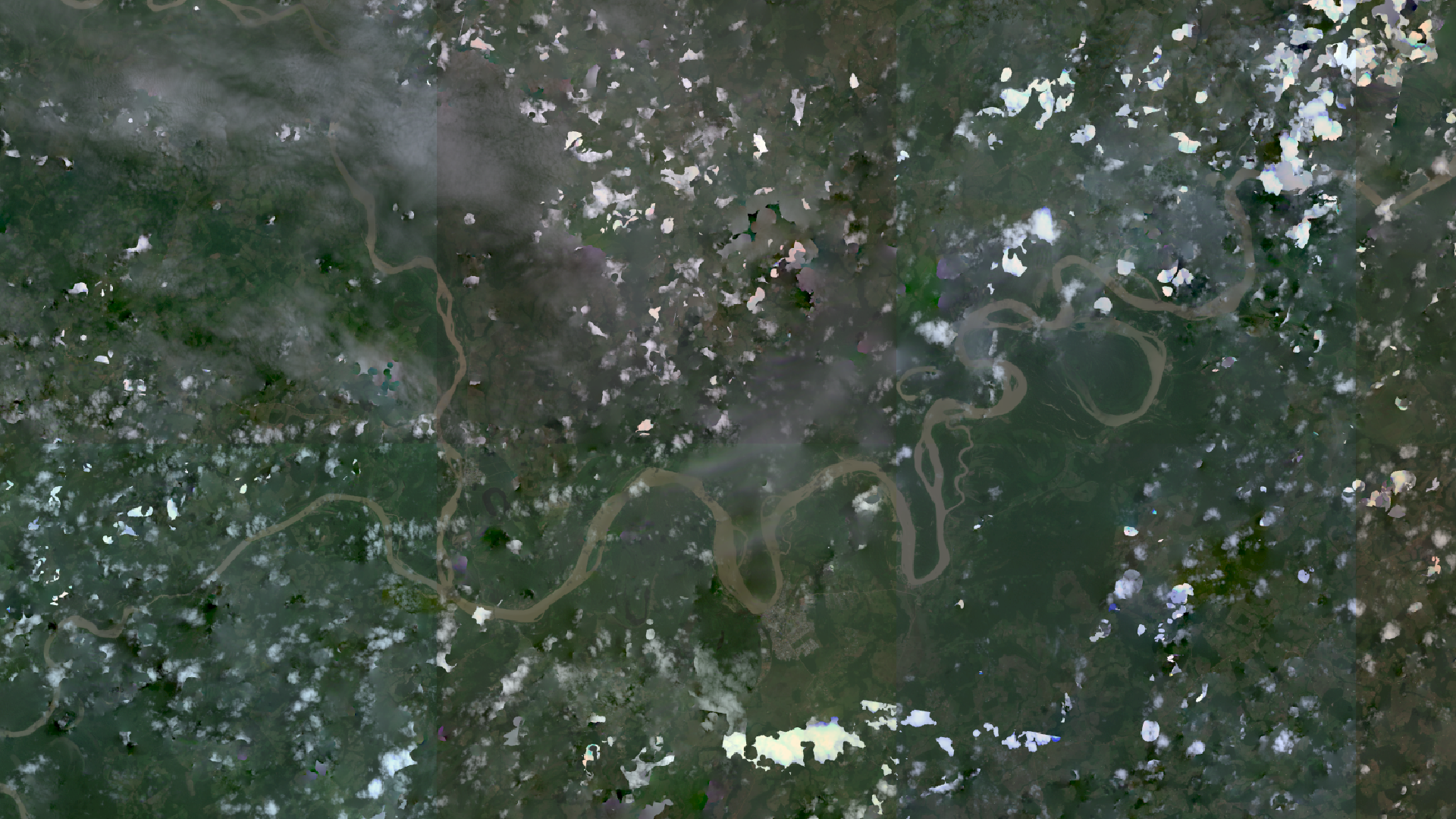 Imagen satelital de un río en la selva tropical.