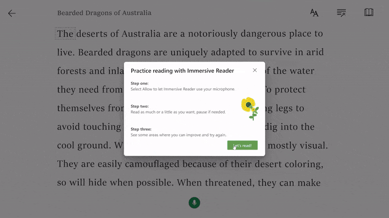 GIF. Reading Coach en Immersive Reader, muestra palabras para practicar.