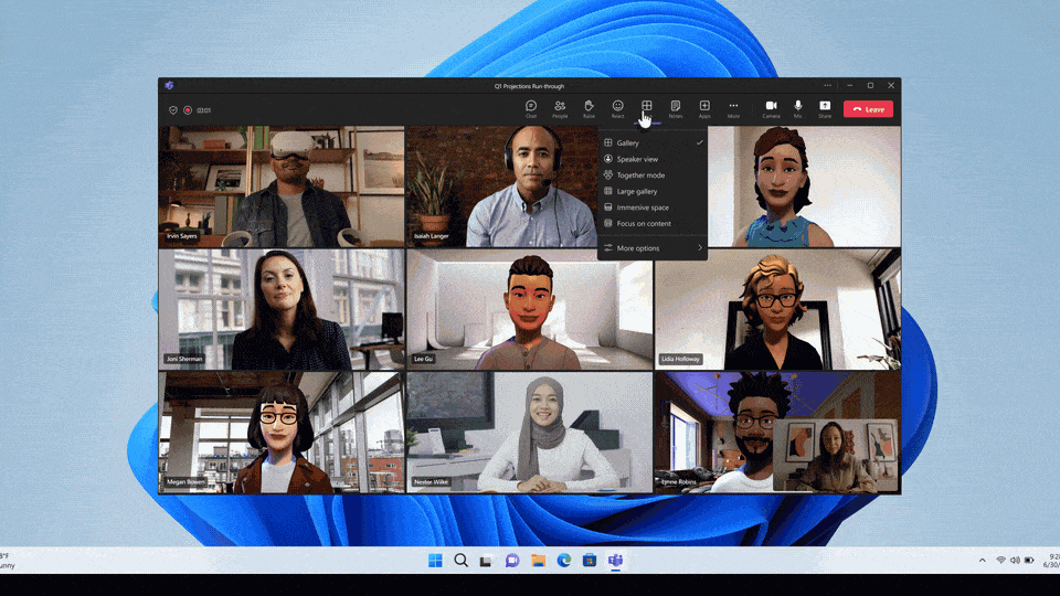 Transformar una reunión de Microsoft Teams con avatares y personas reales en una experiencia inmersiva en el entorno de Lakehouse, seleccionando "espacios inmersivos" desde el botón Ver en Teams.
