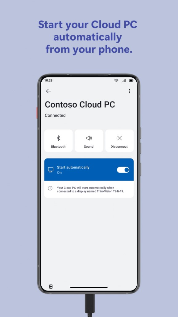 Un teléfono móvil conectado al Connected Cloud PC, junto con las palabras "Inicia tu Cloud PC automáticamente desde tu teléfono"