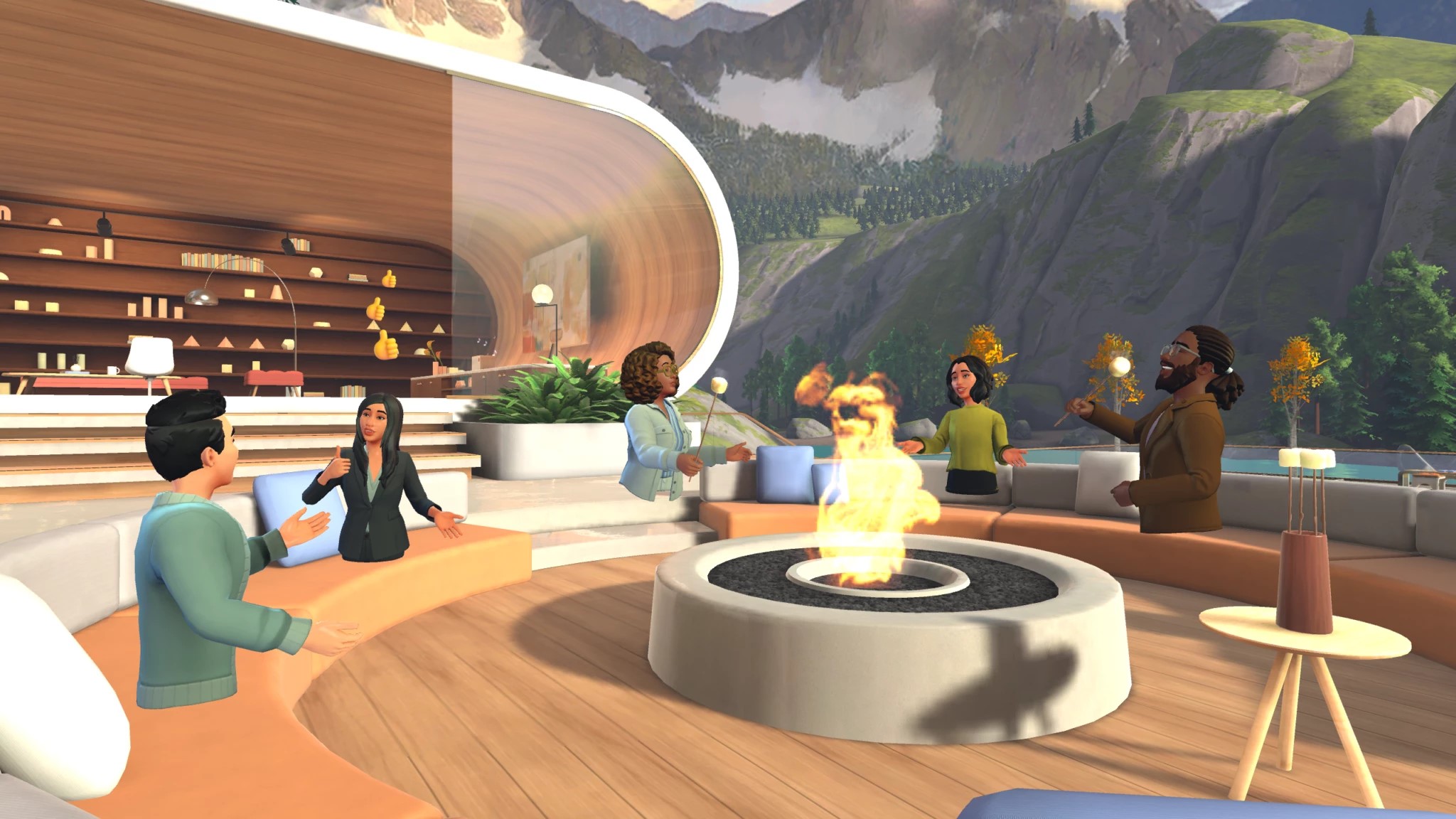 Cinco avatares interactúan alrededor de una chimenea levantando el pulgar y asando malvaviscos en el entorno inmersivo de Lakehouse.