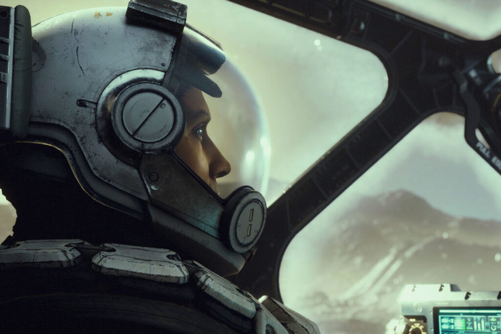 Un piloto dentro de una nave en el videojuego Starfield