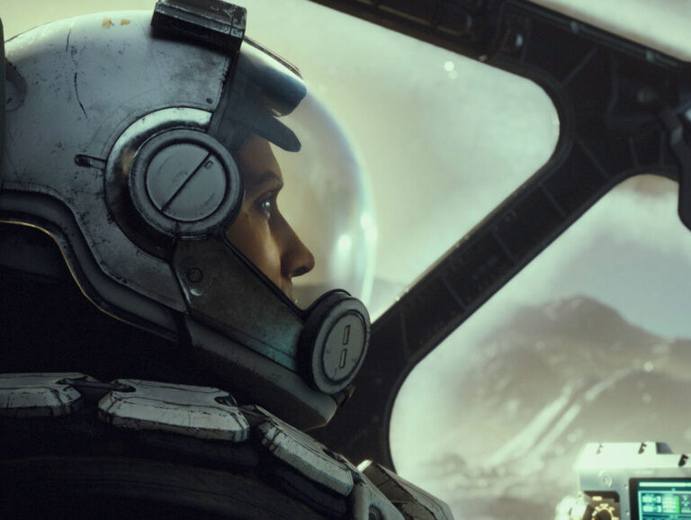 Un piloto dentro de una nave en el videojuego Starfield