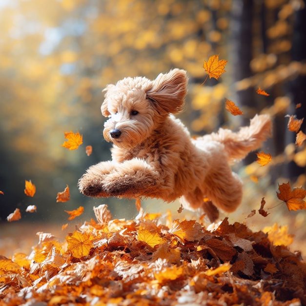 un cachorro café saltando sobre un montón de hojas, fotografía de acción