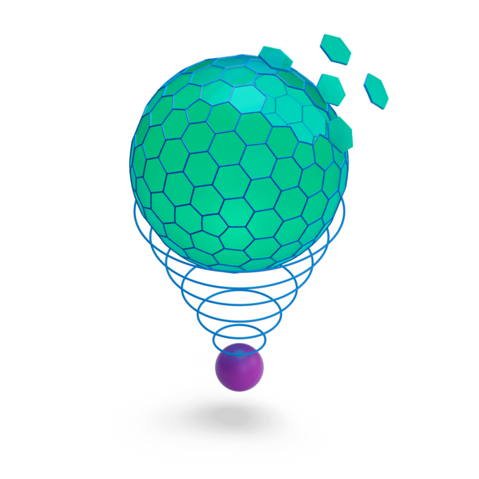 Una esfera verde grande sobre una esfera morada pequeña, separadas por un bucle