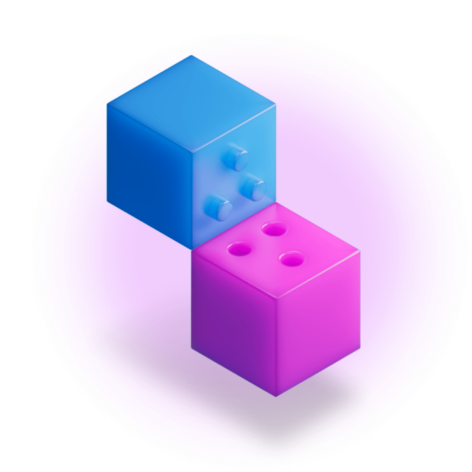 Un cubo azul y un cubo rosa unidos por un costado