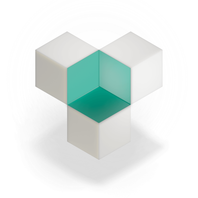 Tres cubos blancos unidos forman un cubo verde