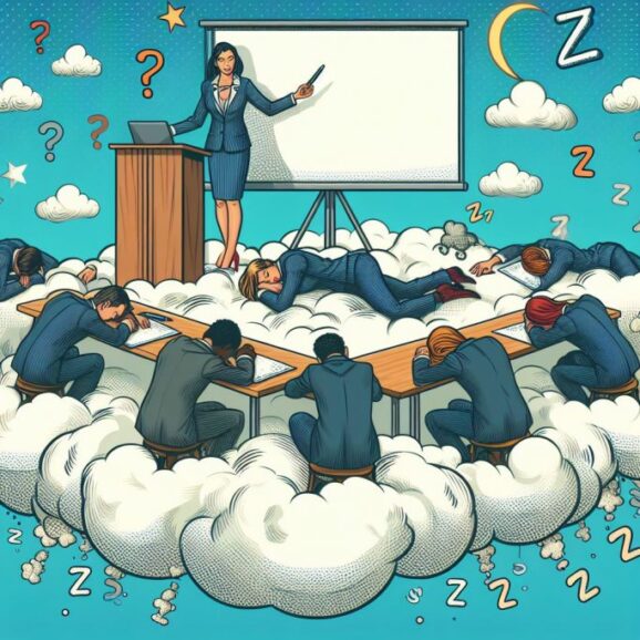 Ilustración de una sala de juntas de una empresa donde los asistentes están dormidos sobre un escritorio mientras alguien expone