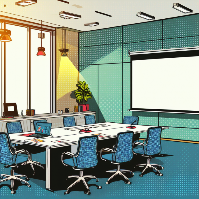 Ilustración de una sala de juntas vacía, con una laptop en el escritorio y una pantalla desplegada