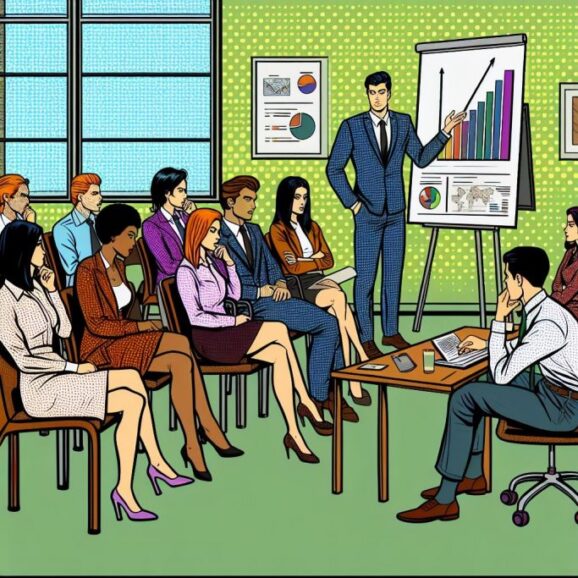 Ilustración de un hombre que lidera una reunión en una sala de juntas llena de personas con poco interés en ella