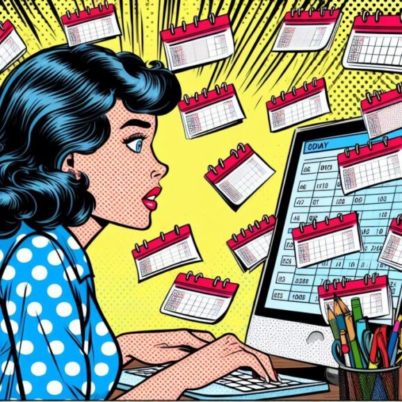 Ilustración de una mujer que trabaja en una computadora rodeada de calendarios