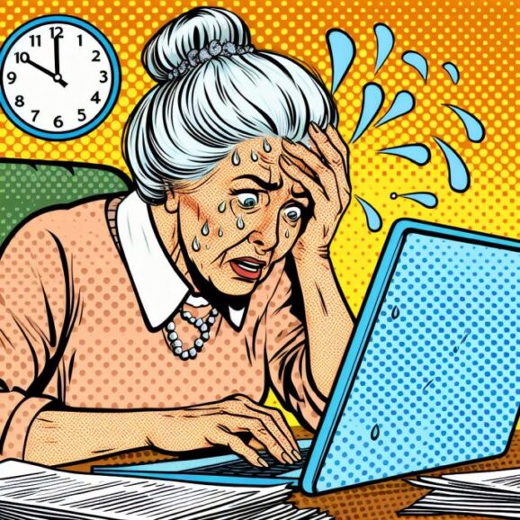 Ilusrtación de una mujer con rostro preocupado, trabajando en una laptop, con un reloj de manecillas en el fondo