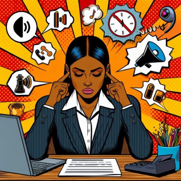 Ilustración de una mujer que cubre sus oídos en una oficina, está rodeada de imágenes que representan ruido