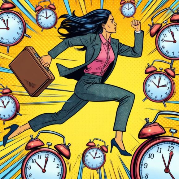 Ilustración de una mujer con traje ejecutivo corriendo rodeada de relojes