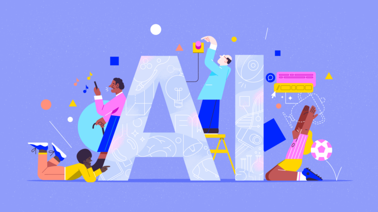 Ilustración abstracta de personas junto a las letras AI