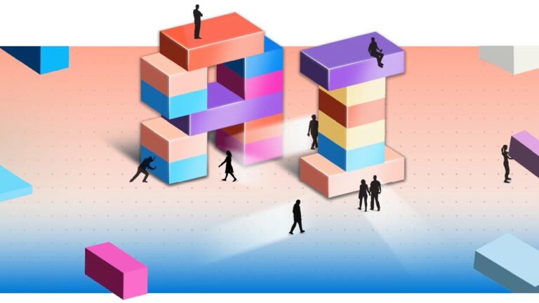 Ilustração colorida com formas geométricas quadradas e pessoas ao redor
