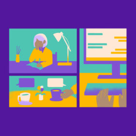 Ilustración que muestra a una persona en su lugar de trabajo en casa