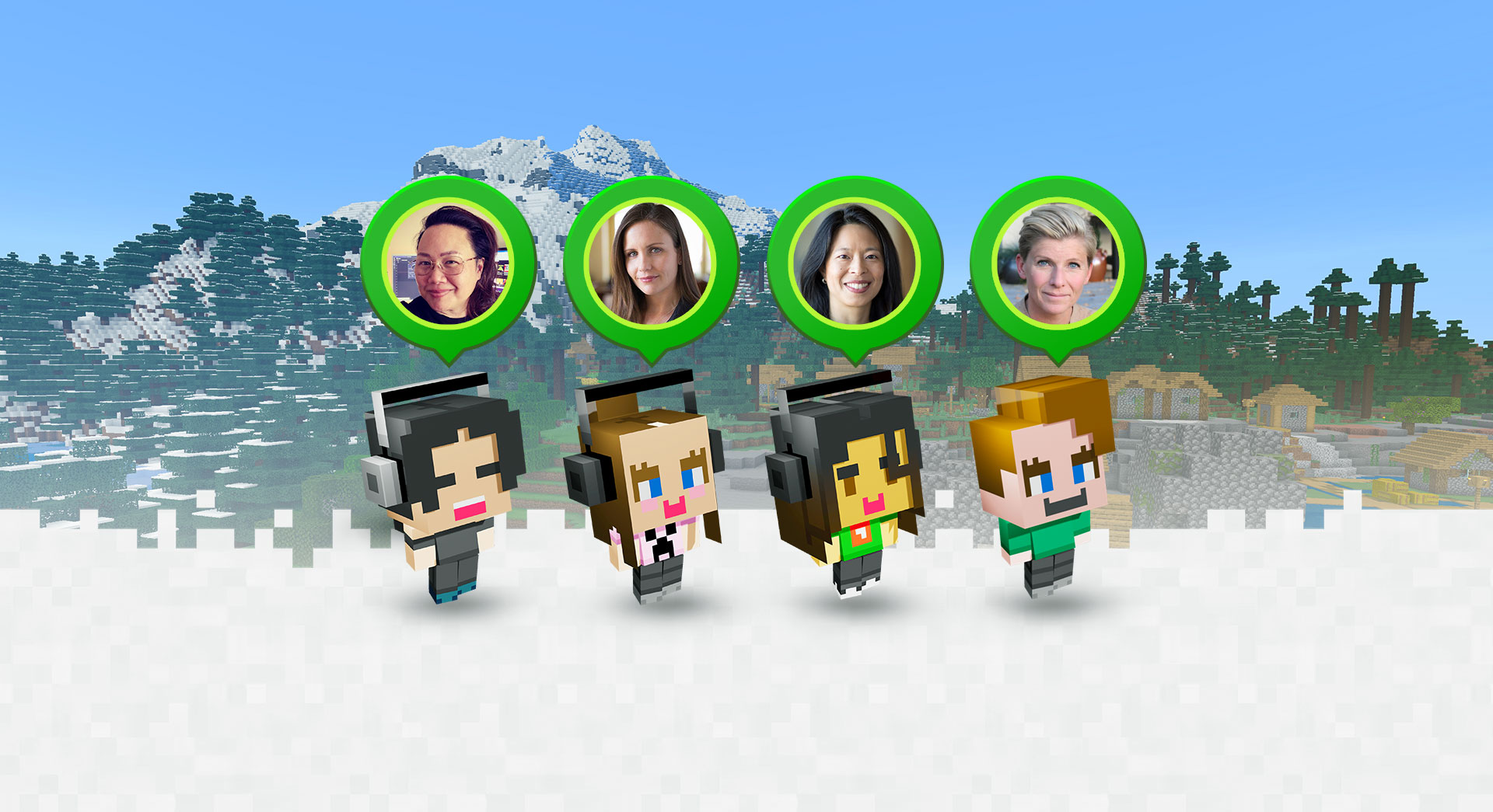 Banner con skins de Minecraft de Annie Chenn, Kayleen Walters, Ada Duan and Åsa Bredin,, de izquierda a derecha.