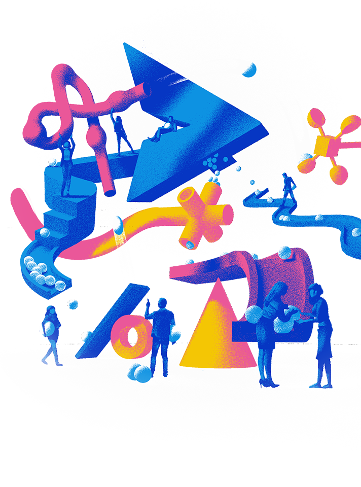 Una colorida ilustración de personas y elementos como tubos y flechas que forman una especie de "máquina" de empresa que se está activando.