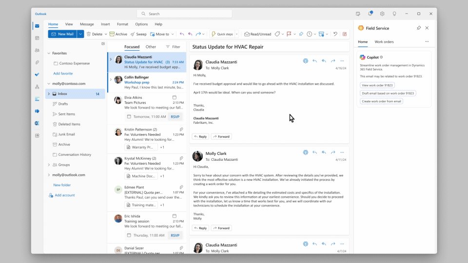 GIF mostrando cómo manejar órdenes de trabajo con Copilot en el flujo de trabajo en Outlook