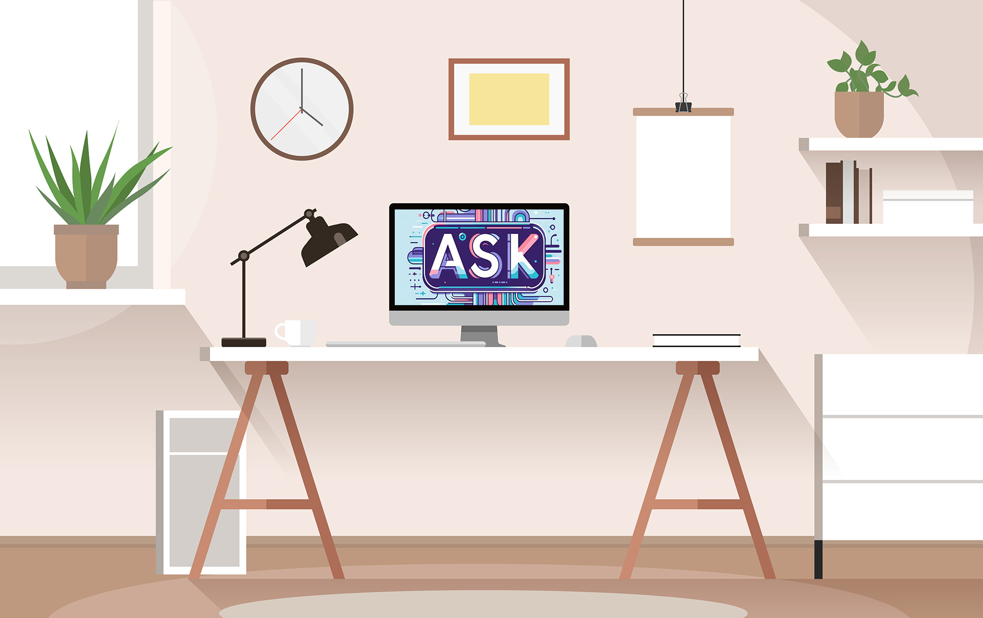 Ilustración de un espacio de trabajo en casa, con una mesa, lámpara, monitor, laptop, libreros, una ventana y una planta