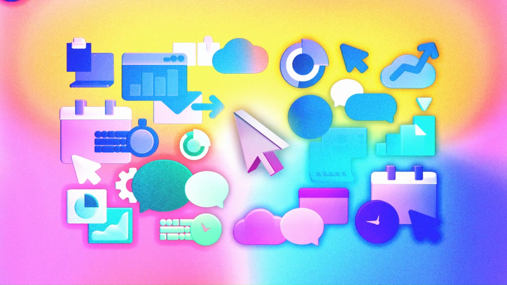 Ilustración en tonos pastel colorida con íconos que demuestran productividad