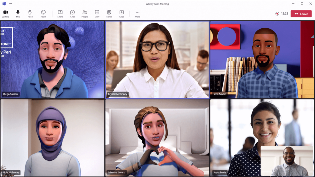 Captura de una reunión de Microsoft Teams con personas y avatares