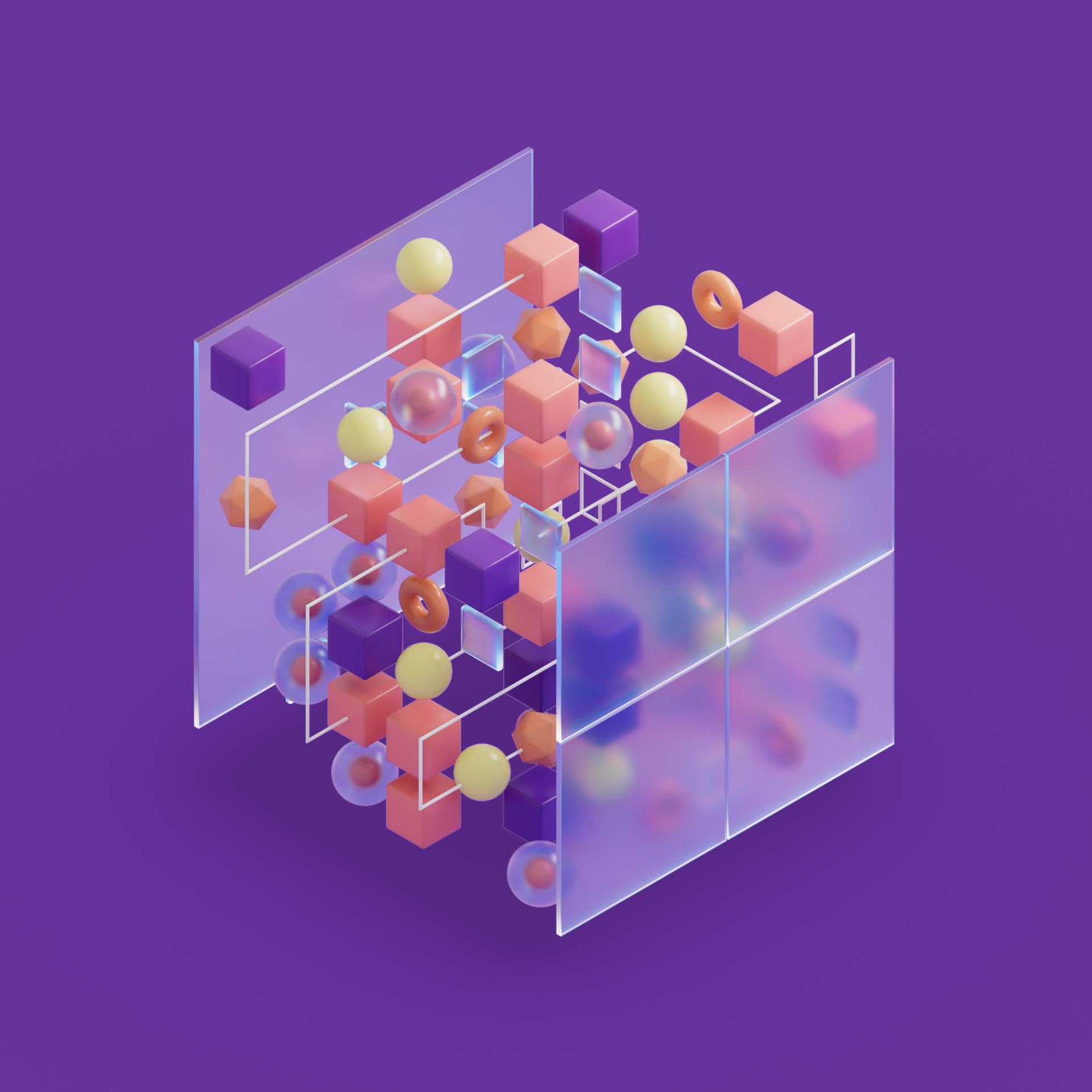 Ilustración de un cubo traslúcido con figuras geométricas coloridas dentro de él
