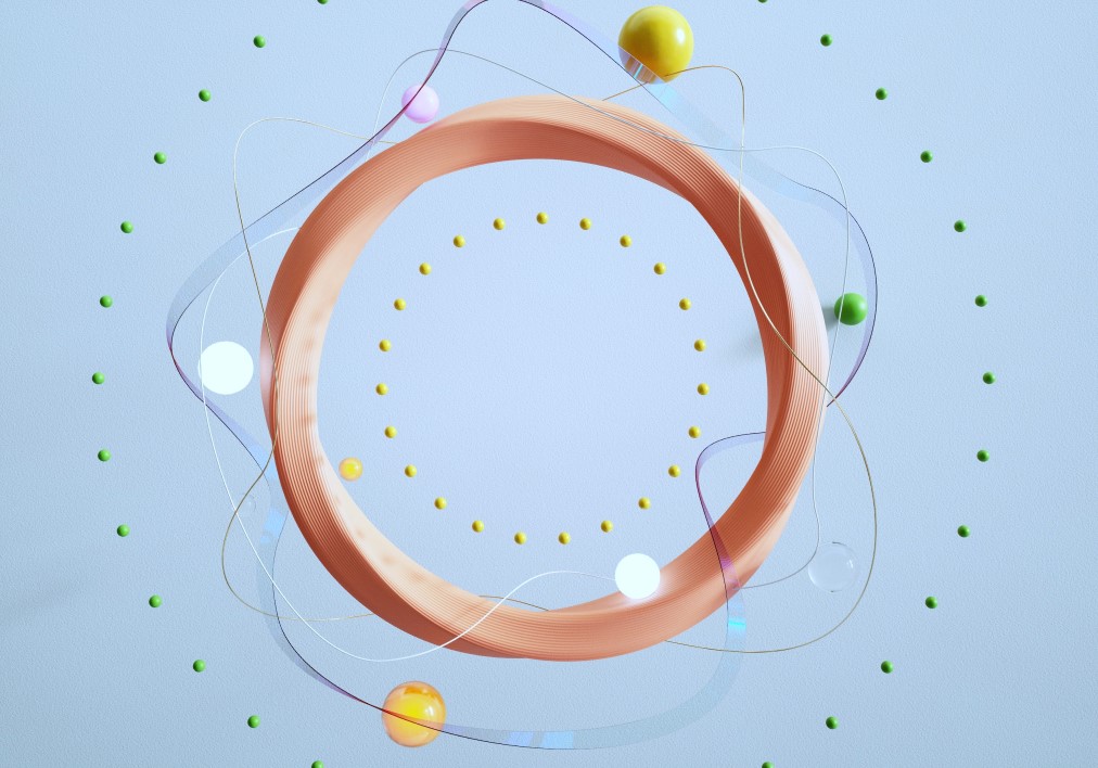 Ilustración de un círculo rodeado de esferas de colores