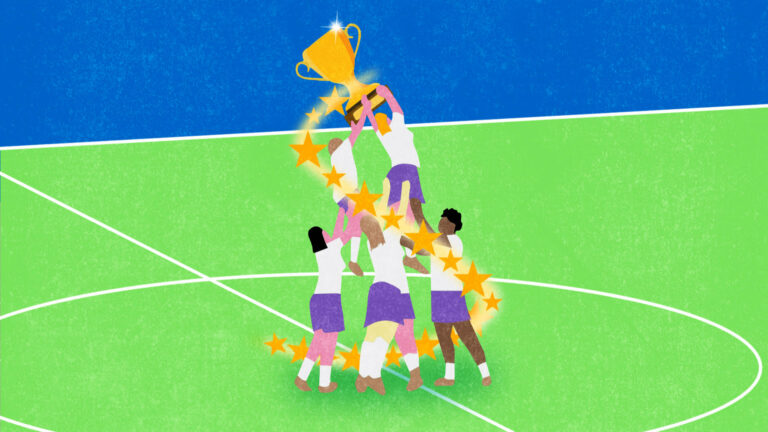 Ilustración de un equipo deportivo celebrando con un trofeo