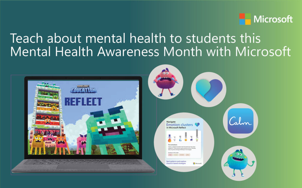 Cartel del Mes de Concientización de la salud mental de Microsoft Education con imágenes de Minecraft for Education
