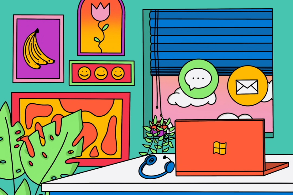 Ilustración colorida que muestra un espacio de trabajo en casa