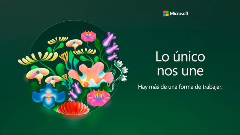 Ilustración con flores de colores, el título "Lo único nos une", y el logo de Microsoft, sobre un fondo verde