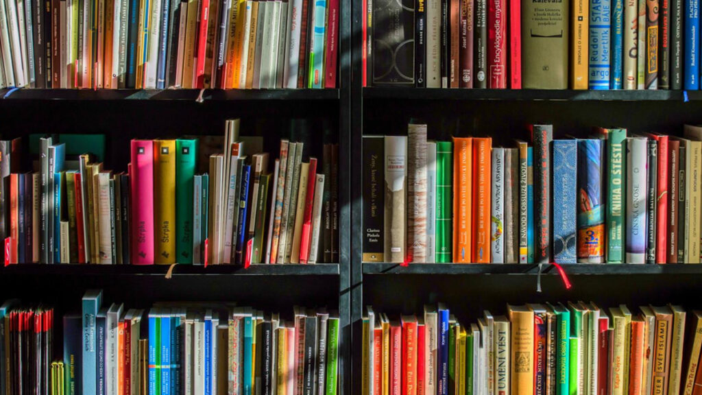 Imagen de un estante con libros en una biblioteca