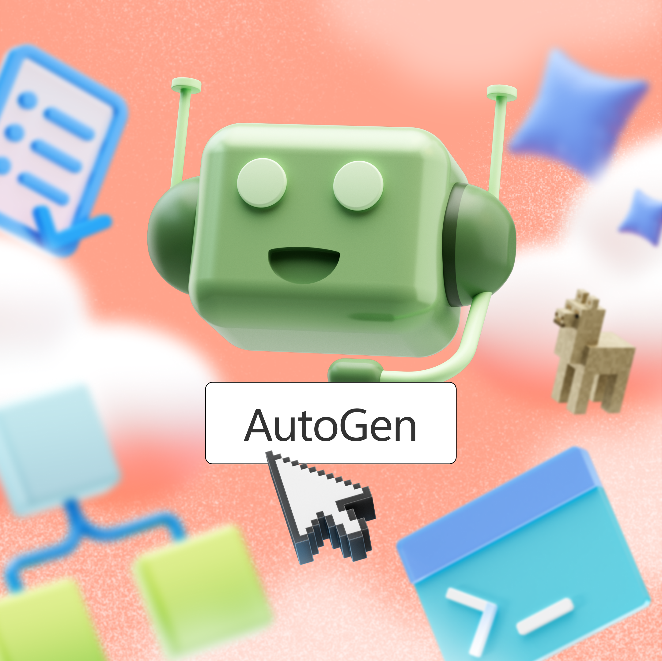 Imagen con un robot color verde, rodeado de iconos, y con el letrero "AutoGen"