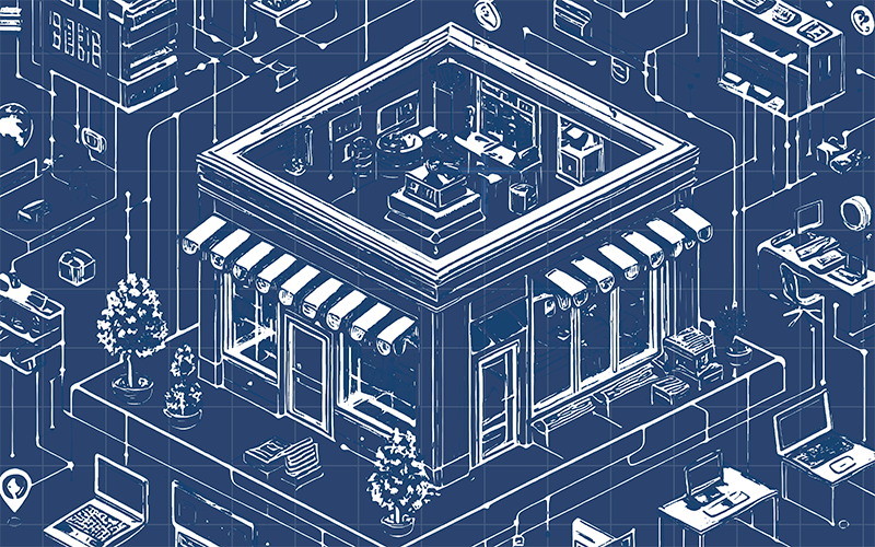 Dibujo artístico de una PyME en blanco sobre un fondo azul oscuro