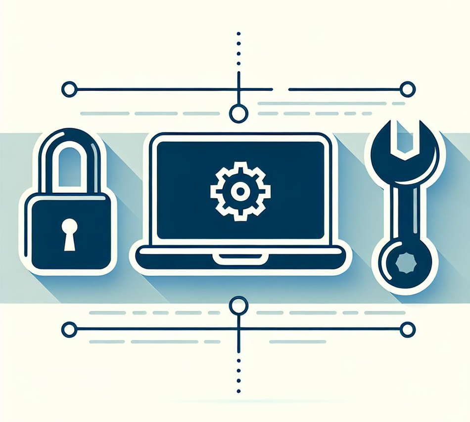 Ilustración de un candado, una laptop con un engranaje en la pantalla y una llave inglesa, conectados por líneas