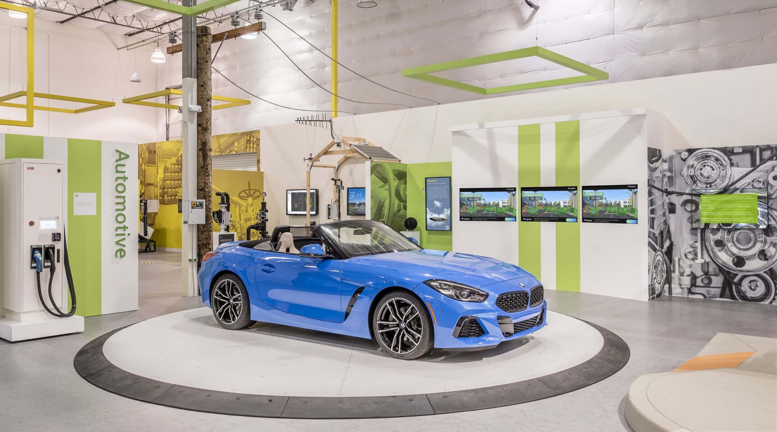 Photo of a blue BMW car inside Microsoft's Industry Experience Center in Redmond, Washington.