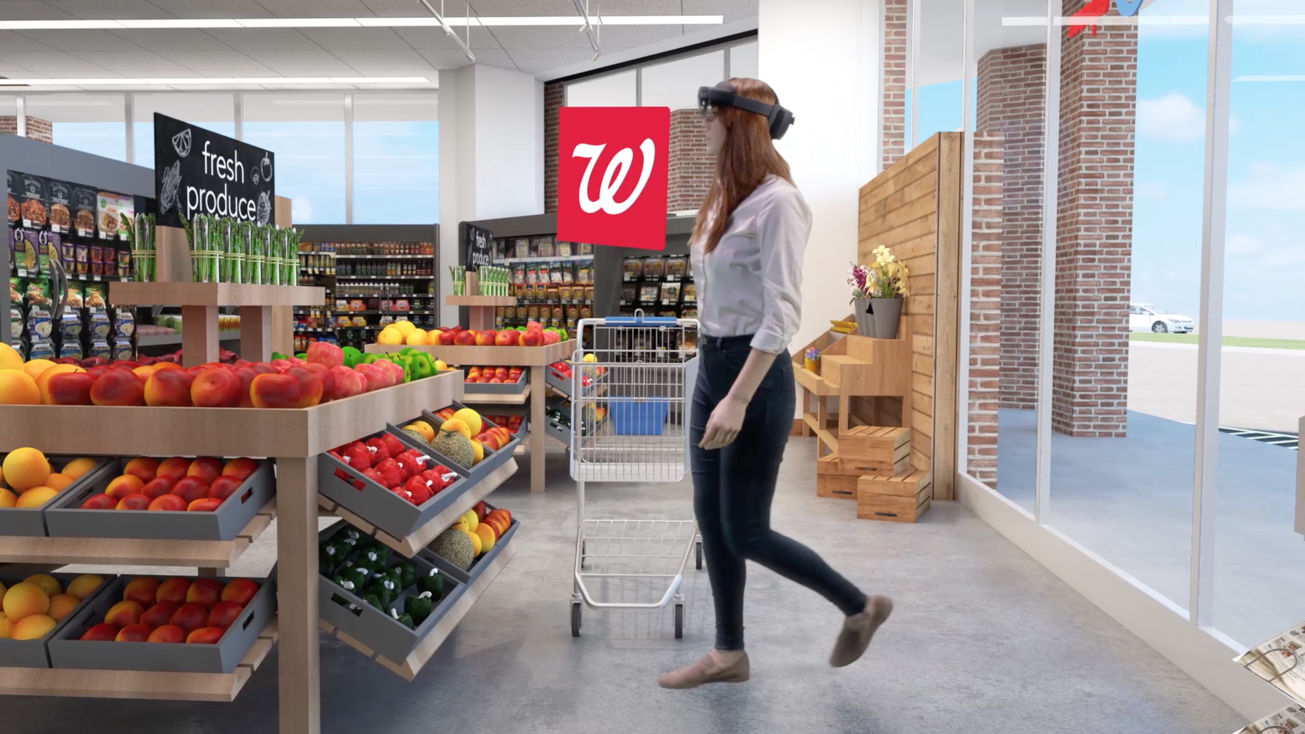 Photo of a young woman wearing a HoloLens headset and standing in the produce section of a Walgreens store.