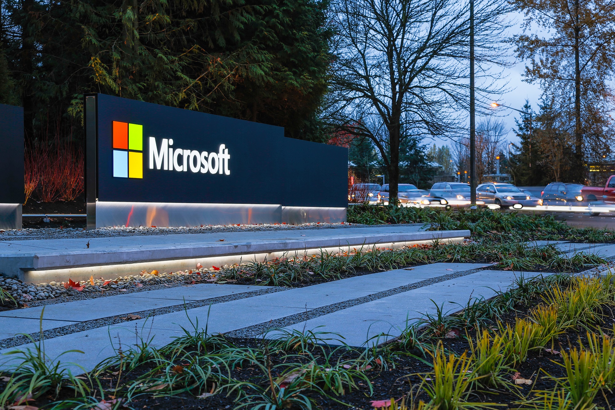Photo of Microsoft sign outside.
