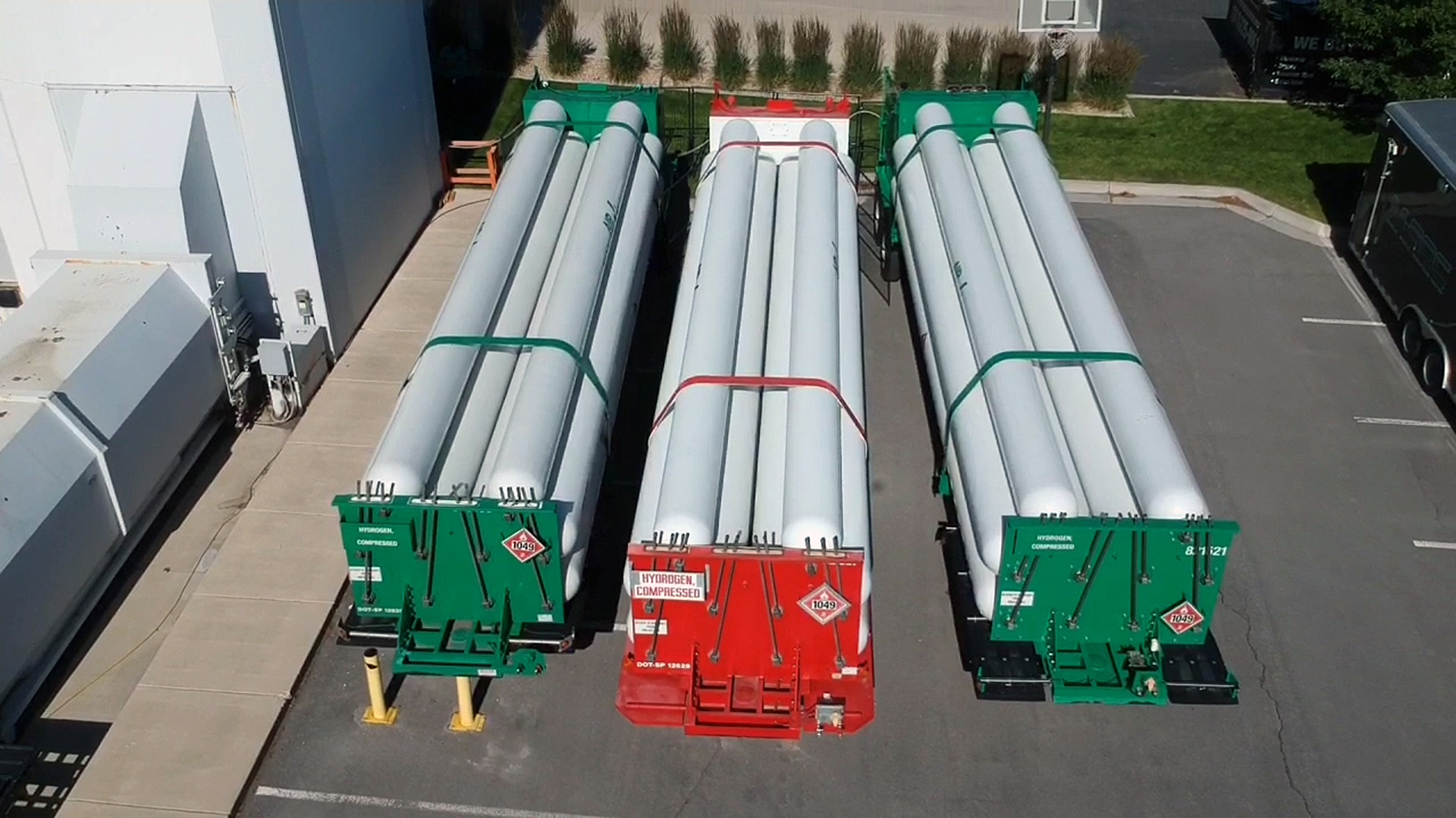 Trailers filled with hydrogen parked outside a lab near Salt Lake City, Utah