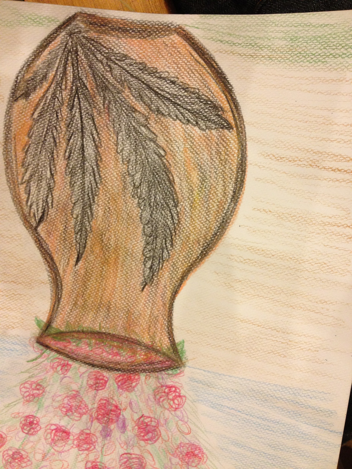 A crayon colored drawing of a vase with flowers.