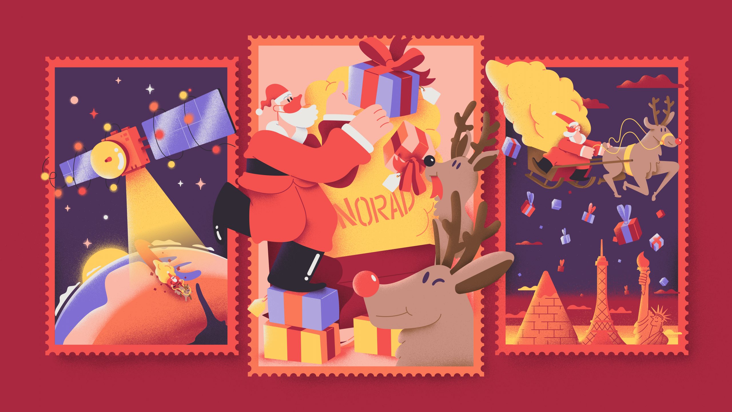 An illustration shows a Christmas postcard with various drawn images reflecting NORAD's Santa tracker.