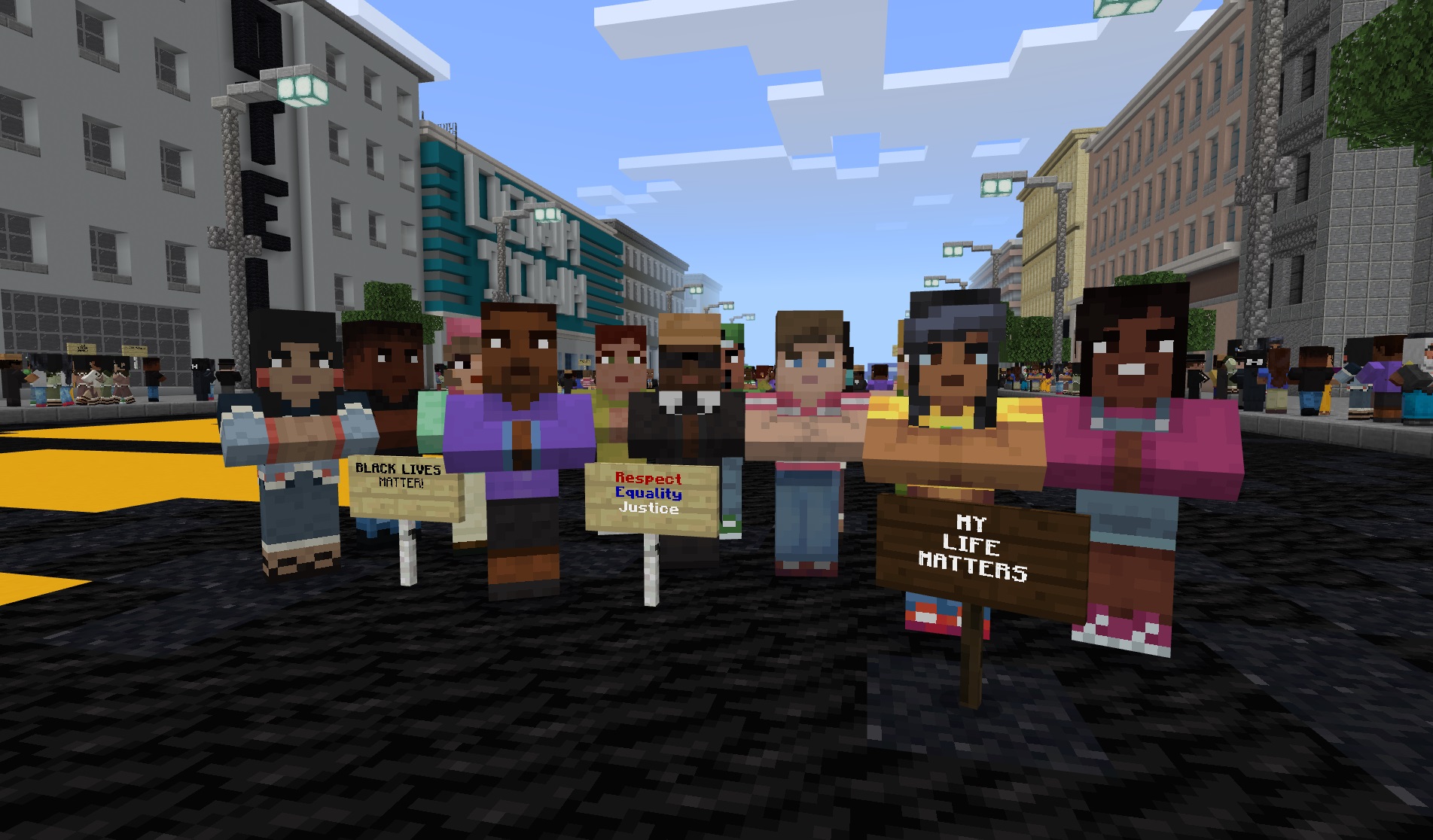 Screenshot from Minecraft Good Trouble lessons showing activists from the Black Lives Matter movement