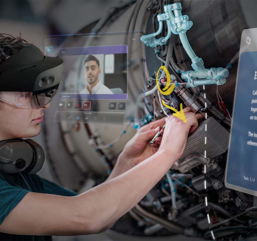 A mechanic wearing a HoloLens 2 device repairs equipment overlaid with 3D annotations and holographic windows showing a Teams call and step-by-step instructions