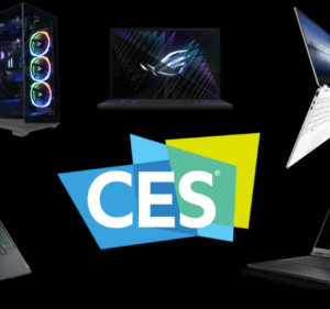 CES logo surrounded by gaming PCs against a black background