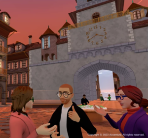 Three personalized avatars meet in an immersive metaverse experience in a European village square