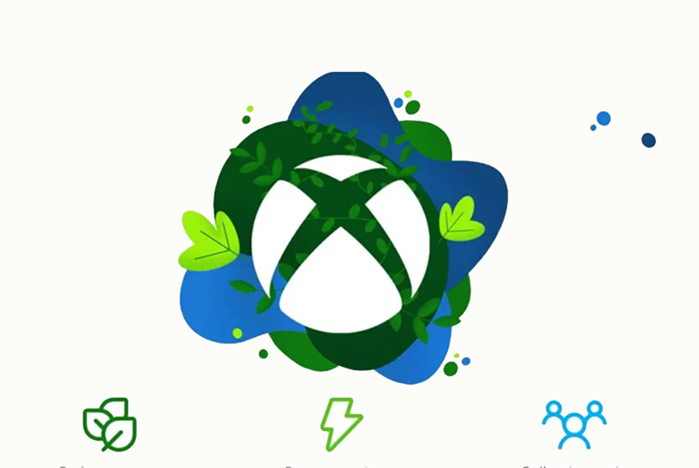 Xbox logo along with three icons related to carbon efficiency